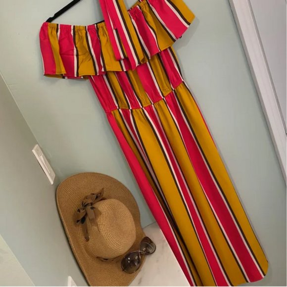 Bold Striped Ruffle Short Sleeve Tie Waist Maxi Multicolor - Size M - Picture 4 of 8